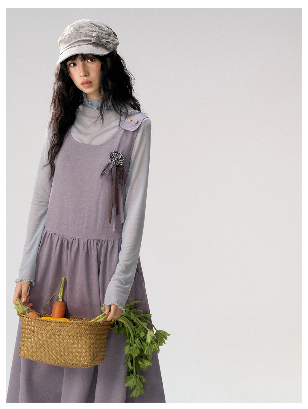 [CAN] "Violet Floral Bow" Purple Lace-Trim A-Line Pinafore Dress
