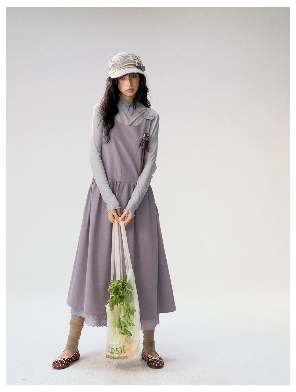 [CAN] "Violet Floral Bow" Purple Lace-Trim A-Line Pinafore Dress