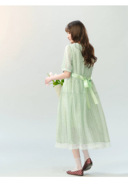"Hyacinth Ballad" Sage Green Polka Dot Tiered Dress LL2026210