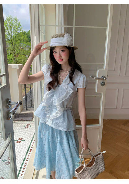“Blue Breeze Sonata” Blue Ruffle Lace Blouse