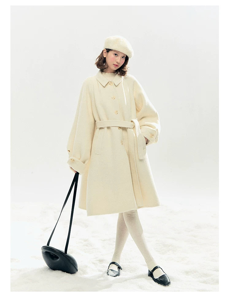 "Black & White Waltz" Hand-Stitched Wool-Blend Swing Coat (Ivory/ Black)