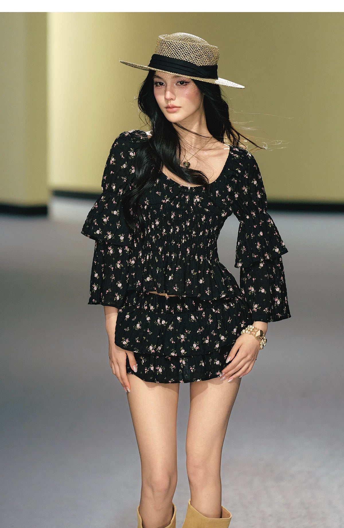 "Midnight Tea Garden" Black Floral Ruffle Blouse & Tiered Mini Skirt Set
