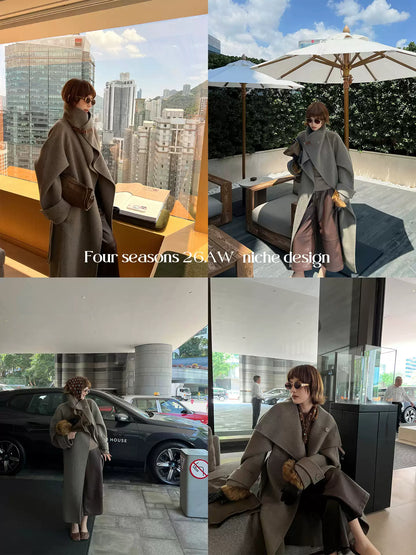 QuQuOuYang - 100% Wool Double-Face Belted Coat with Convertible Collar