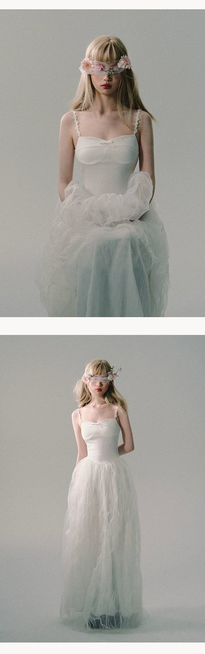 OAKMOO/ "Flowers in a Dream" Gardenia White Embroidered Mesh Maxi Dress