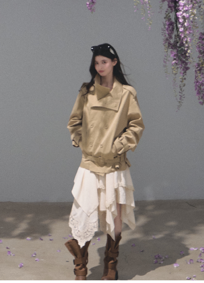 OAKMOO/ Belted Double-Breasted Trench Jacket (Deep Black / Hazel Khaki)