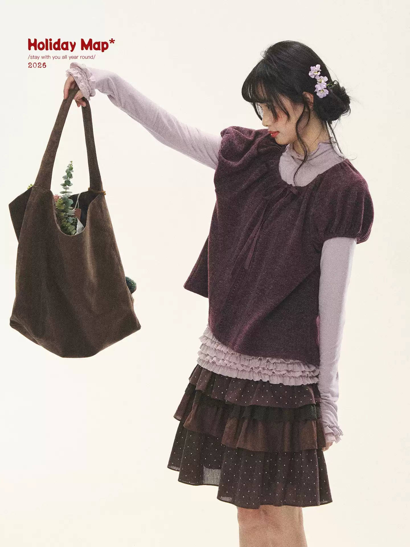 "Violet Journal" Grape Purple Bow Lace Short Sleeve Knit Top