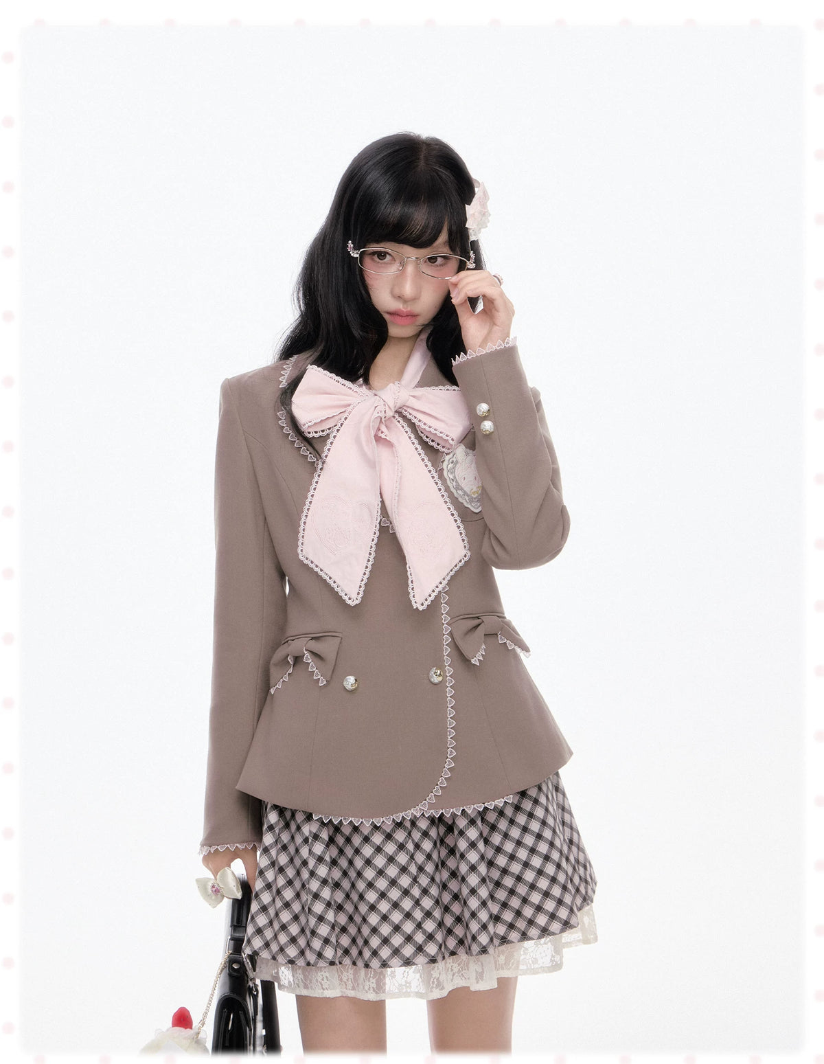 “Melody Academia” Pink Blazer + Blush Pink Shirt + Black & White Plaid Skirt Set