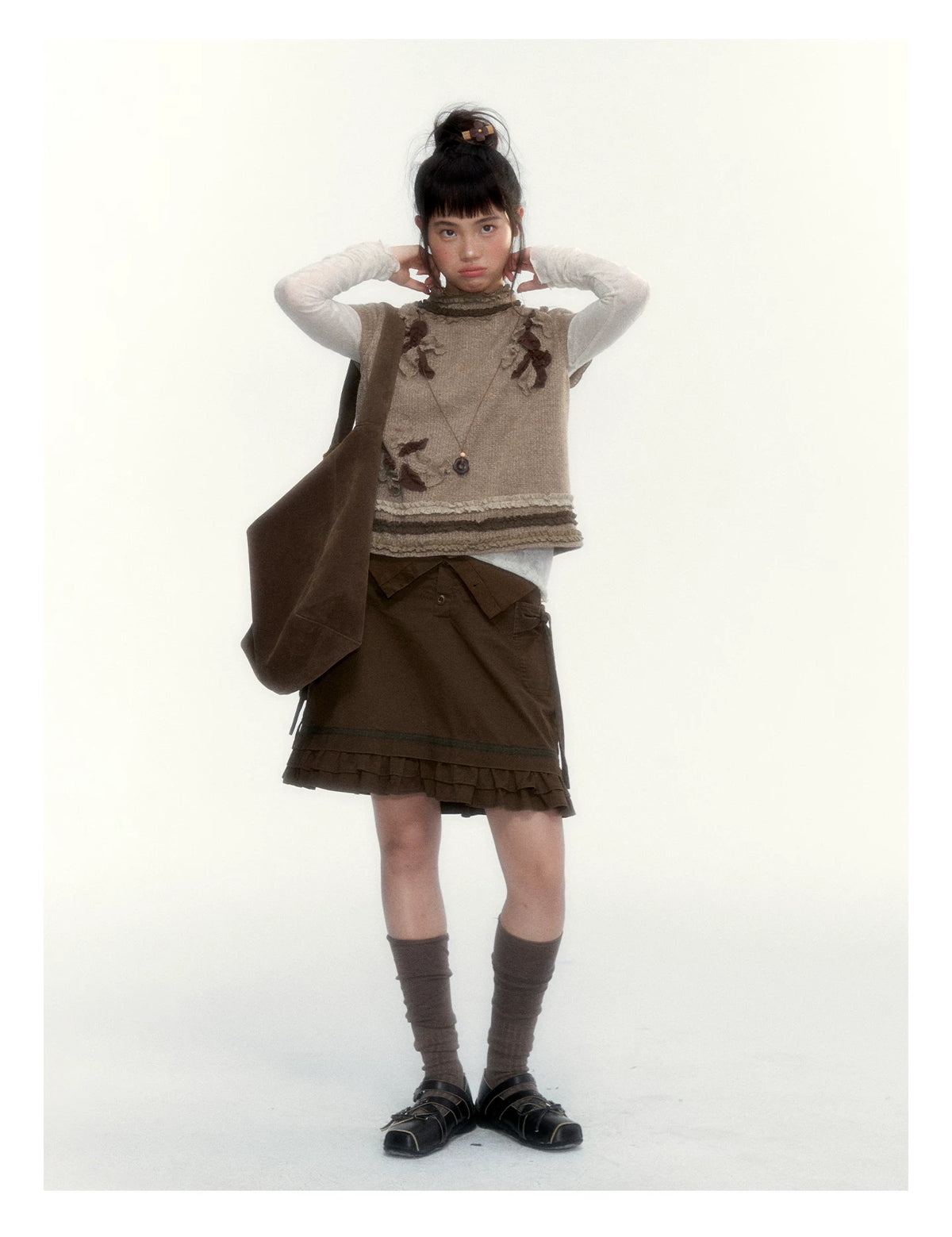 “Wild Caramel” Brown Washed Layered Ruffle Bow Pocket A-Line Skirt