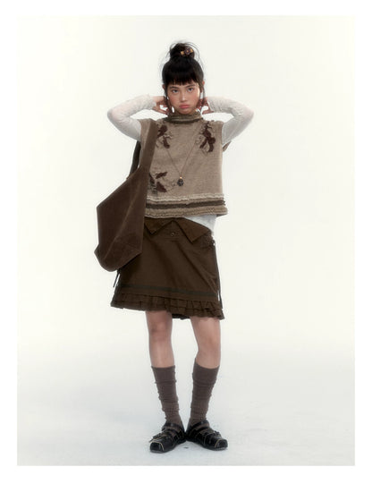 “Wild Caramel” Brown Washed Layered Ruffle Bow Pocket A-Line Skirt
