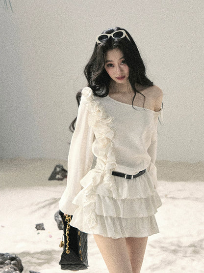 "Petals of Early Summer" Mist White Ruffle One-Shoulder Cake Dress (With Belt) 58648