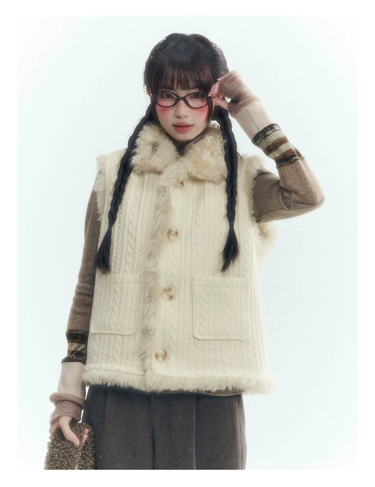 Horridale - Cream Beige Reversible Knit Vest with Detachable Bow