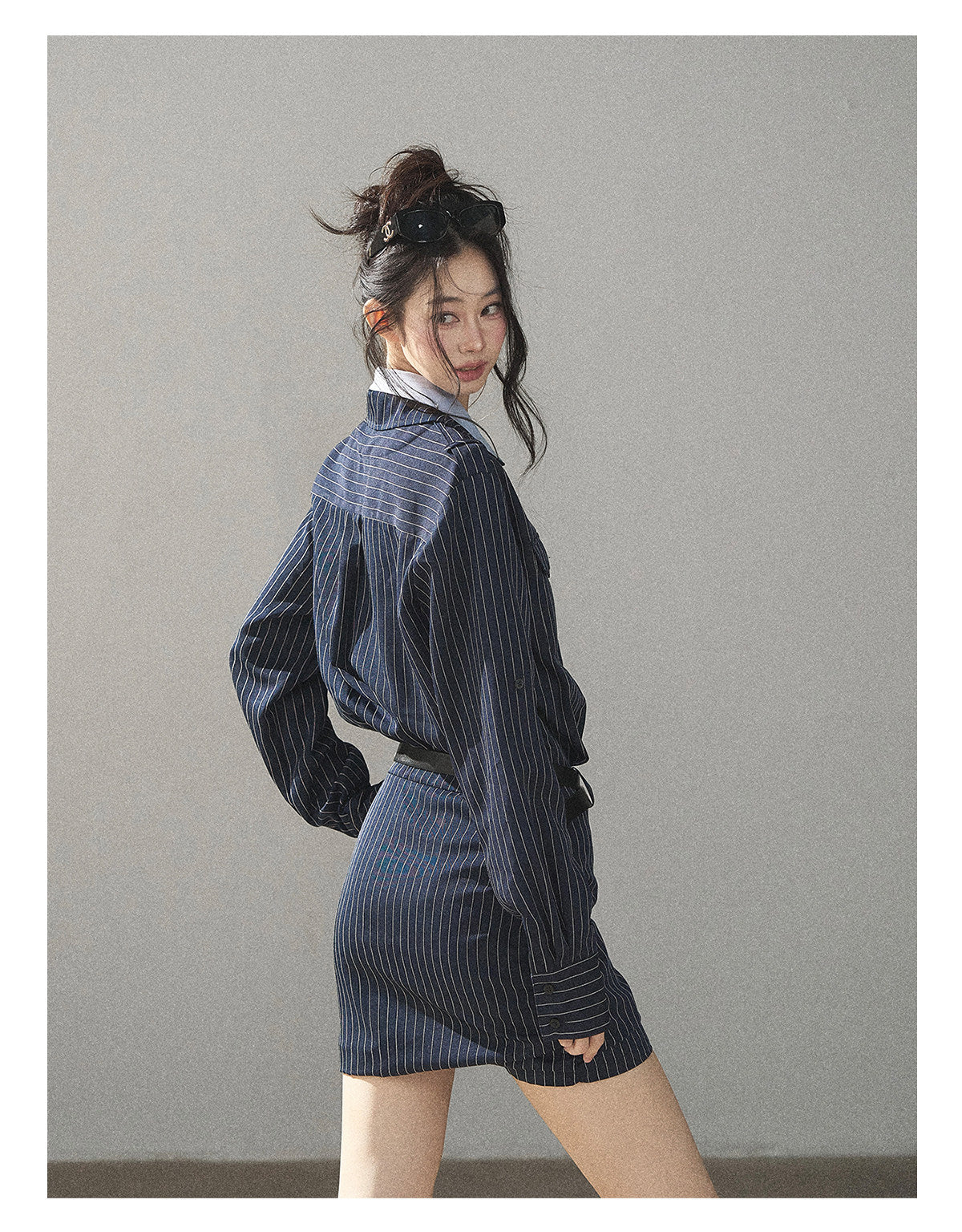 170726 "The Island and the Whale" Deep Slate Gray Layered Stripe Shirt Dress with Belt