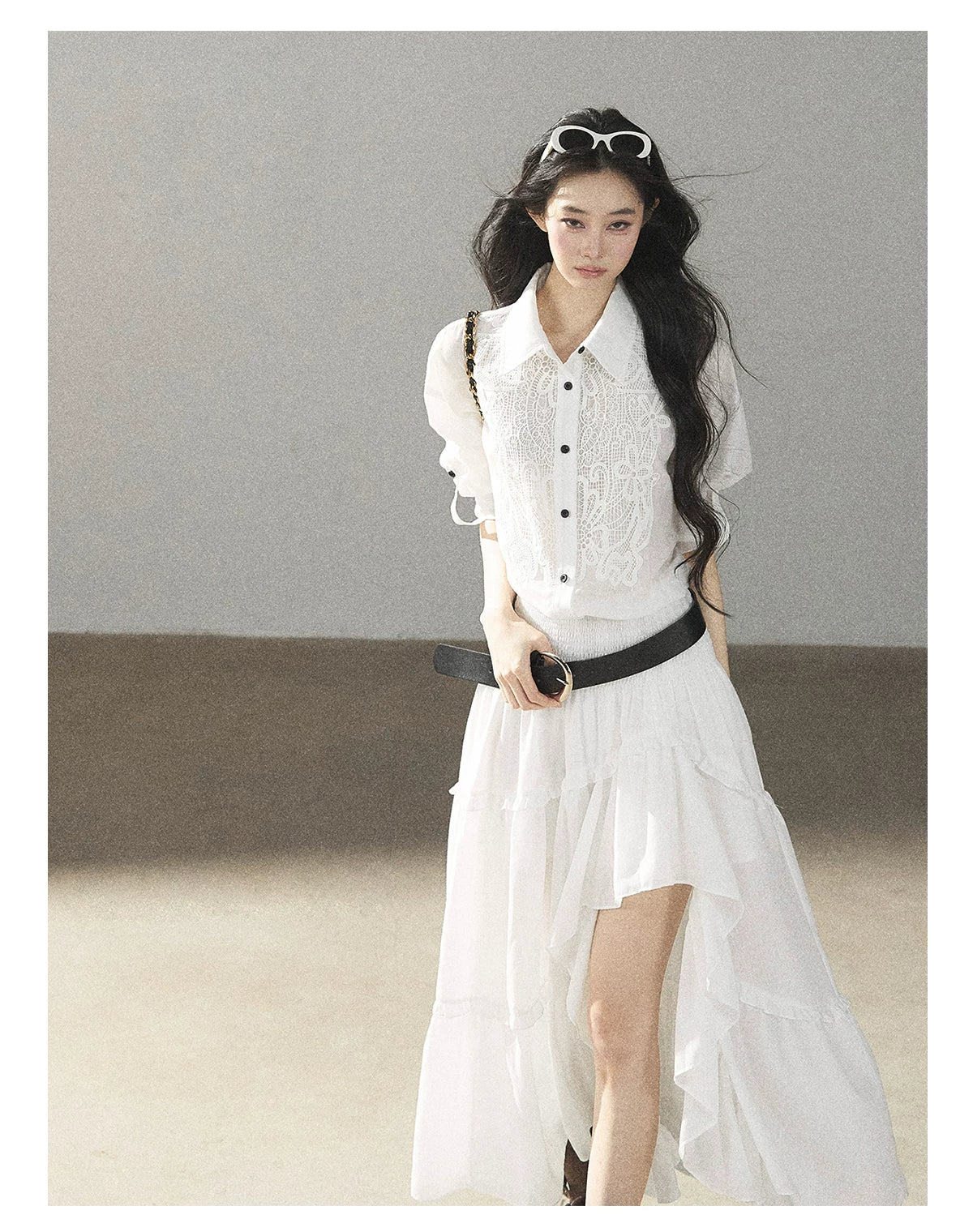 AOMALM - “Her Hemline” White Lace Shirt Dress with Belt