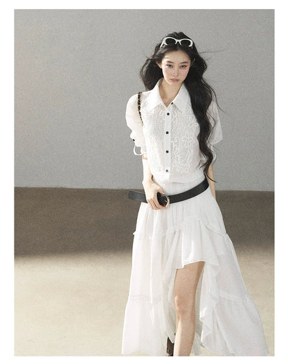 AOMALM - “Her Hemline” White Lace Shirt Dress with Belt