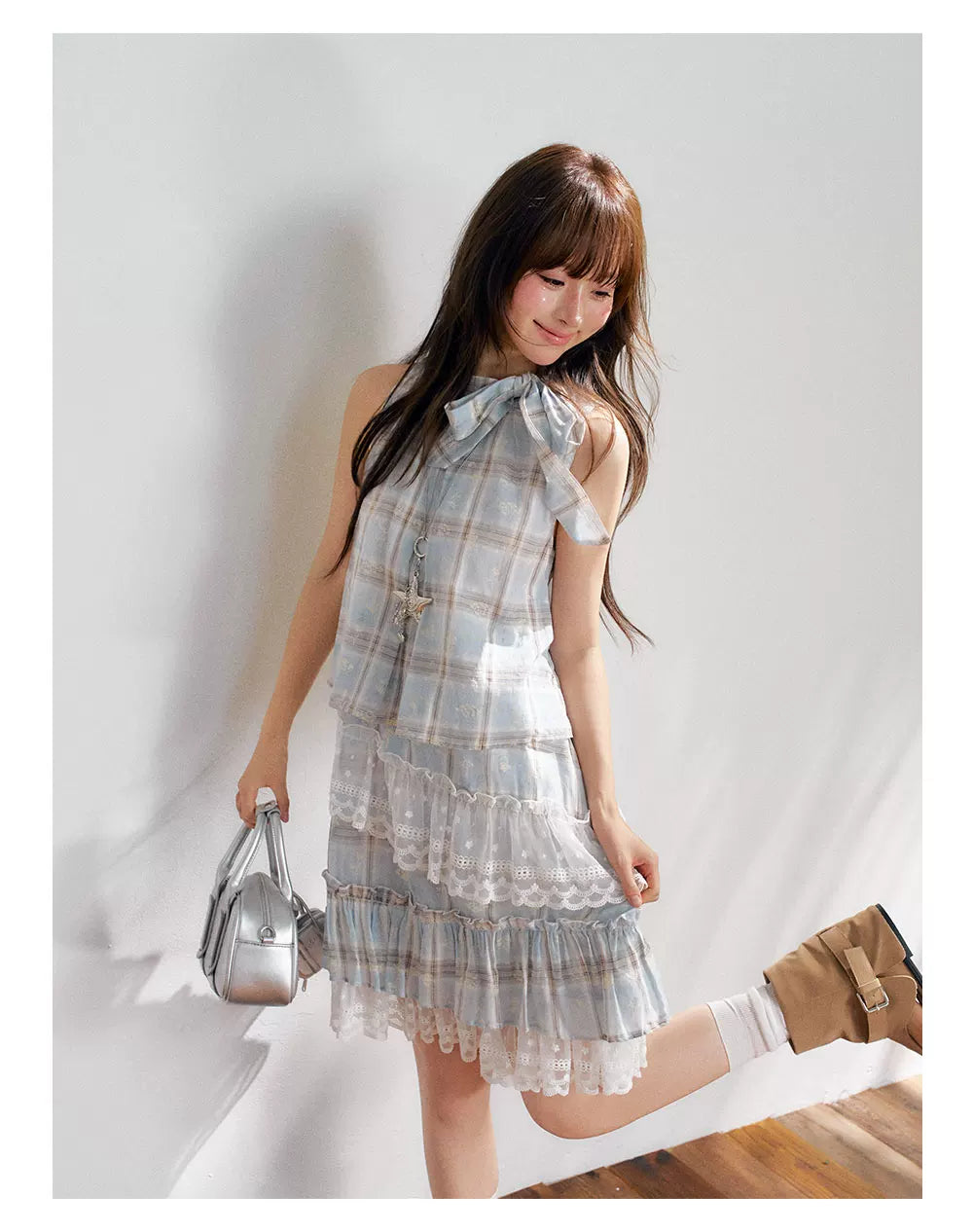“Berry Fairytale Sonata” Misty Blue Ribbon Neck Lace Dress