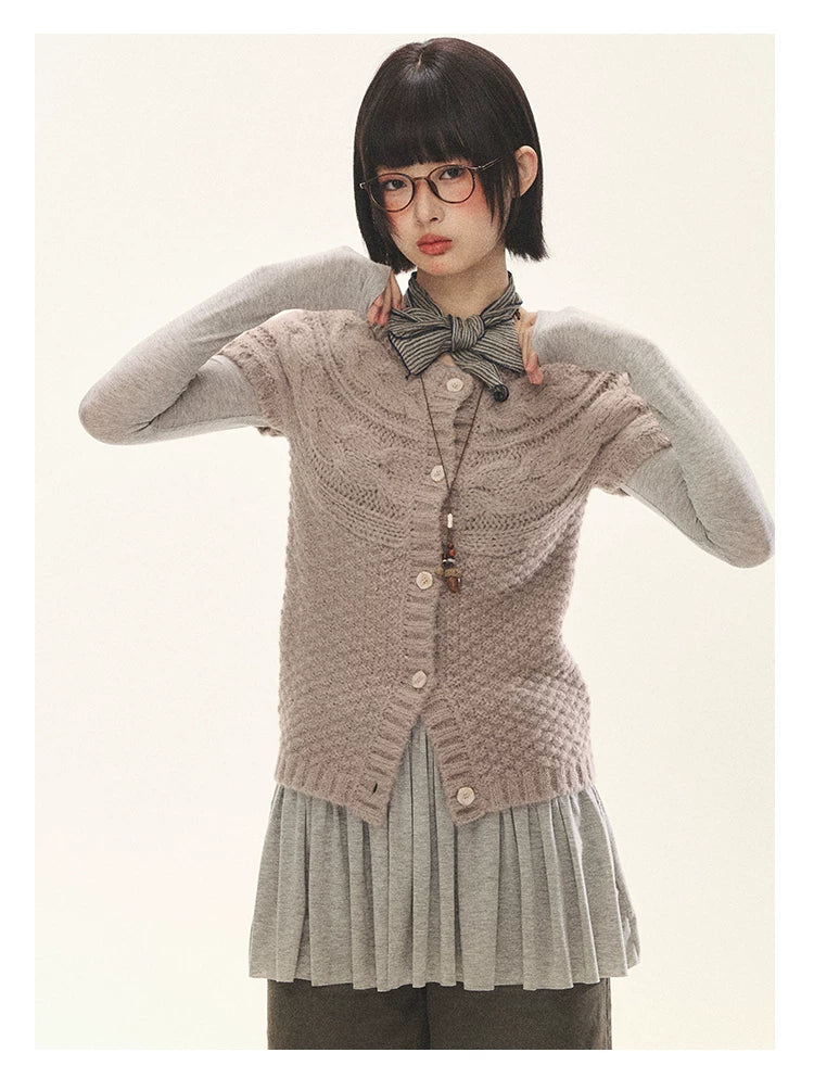 "Rice Knit" Wool-Blend Short Sleeve Knit Cardigan (Moss Coffee Green/ Dusk Dusty Pink)