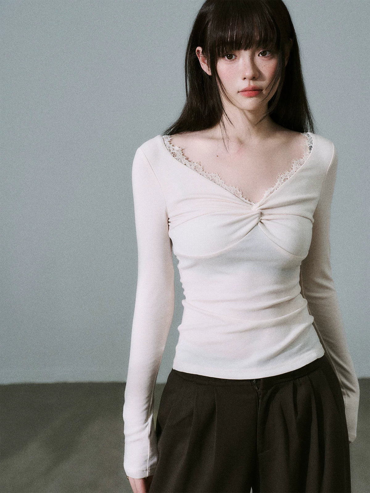 LOST FOREST - Light Pink Lace-Trim Twist Lyocell-Wool V-Neck Long Sleeve Top