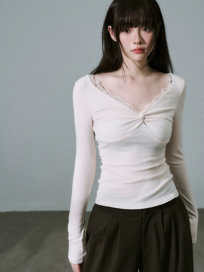 LOST FOREST - Light Pink Lace-Trim Twist Lyocell-Wool V-Neck Long Sleeve Top