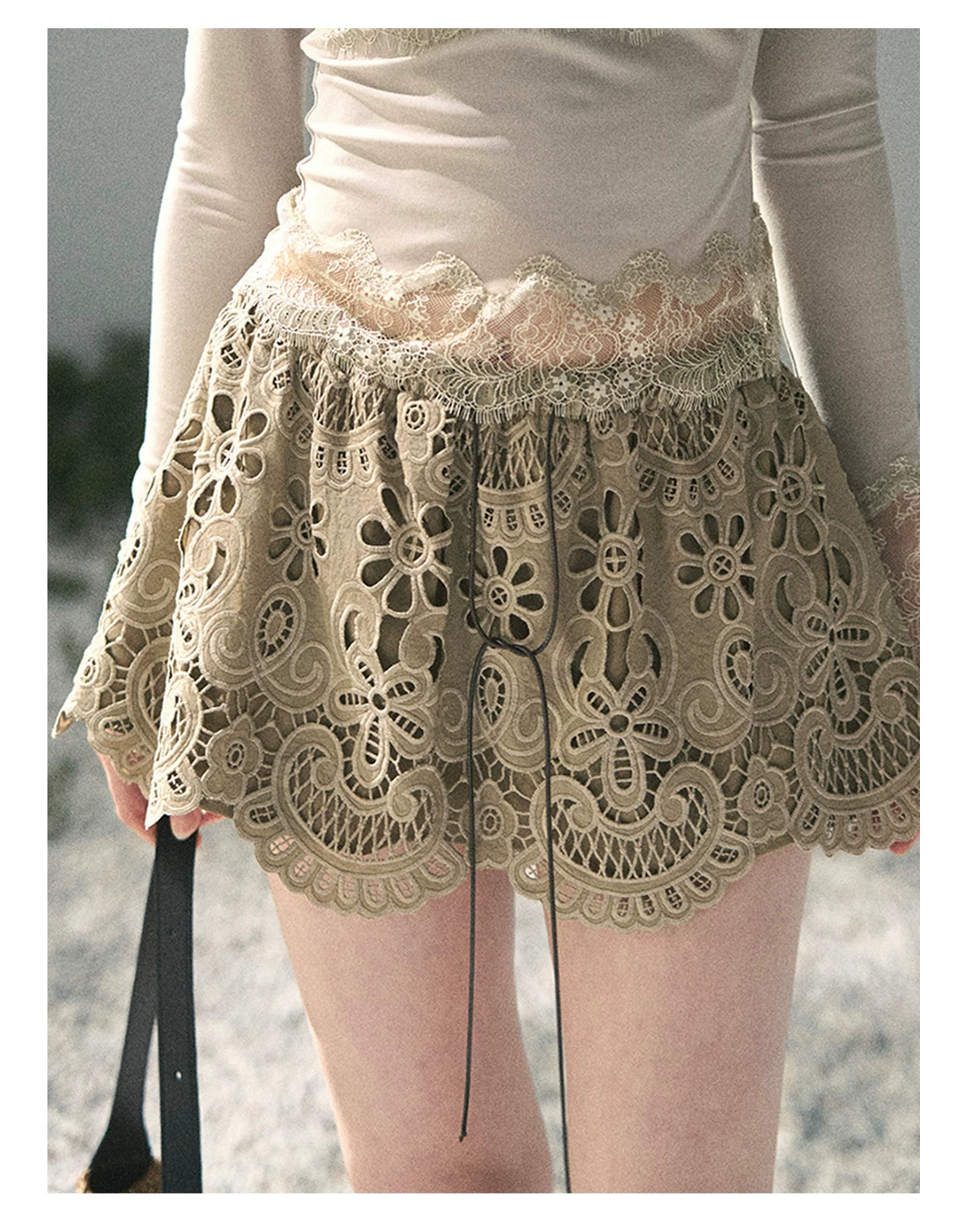 “Lost in Your Embrace” Roasted Pecan Lace Puff Skort