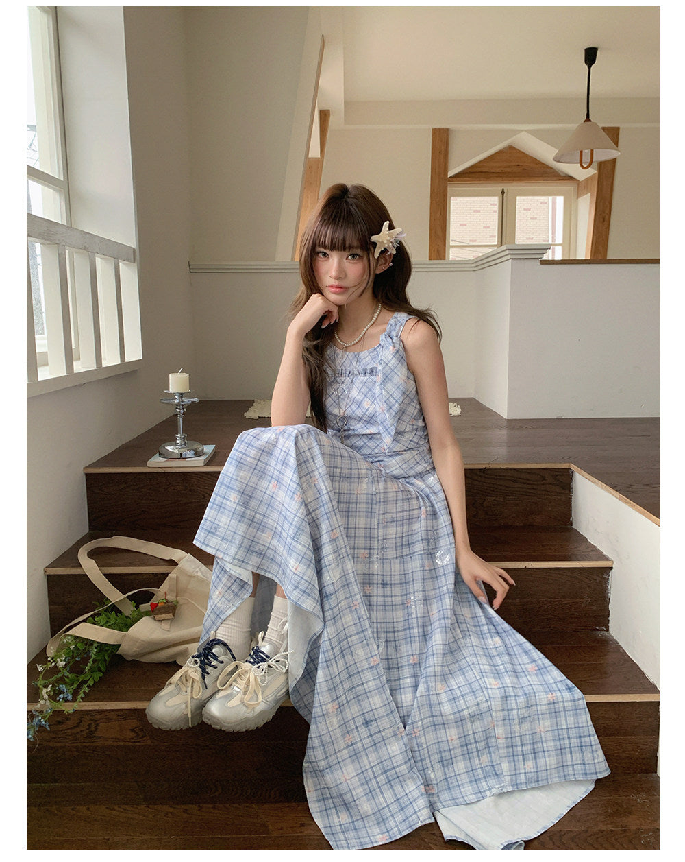 “Blue Meadow Reverie” Blue Plaid Floral Maxi Dress