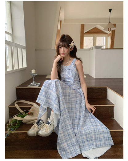 “Blue Meadow Reverie” Blue Plaid Floral Maxi Dress