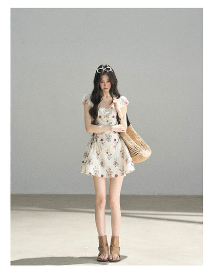 "Bloom Before Dawn" Dutch Cream Embroidered Floral Chiffon Mini Dress