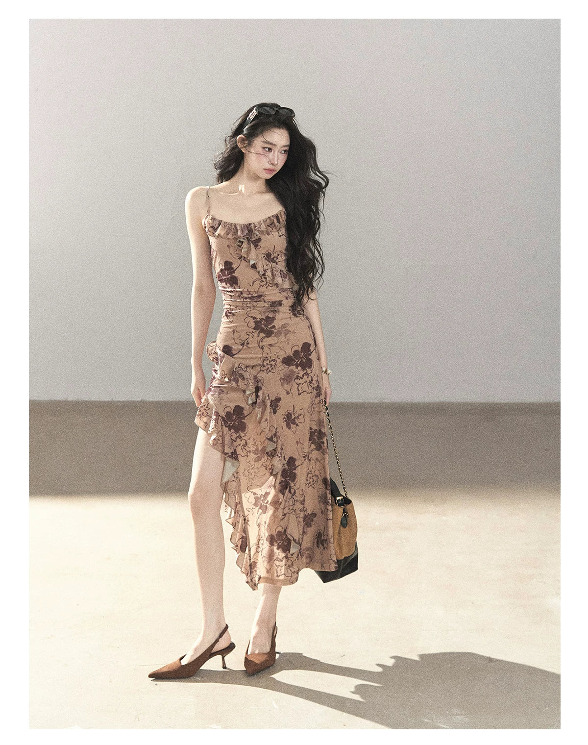 AOMALM - "Wildflower Date" Milk Tea Brown Ruffle Floral Maxi Dress (With Matching Hair Tie)