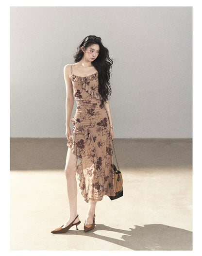 AOMALM - "Wildflower Date" Milk Tea Brown Ruffle Floral Maxi Dress (With Matching Hair Tie)