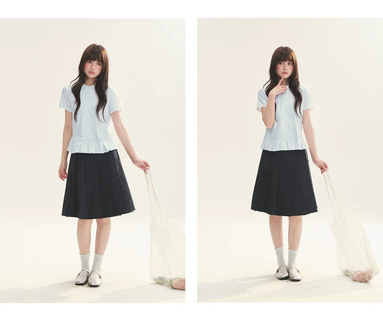 "Citrus Sea Salt" Stripe Lace Peter Pan Collar Pleated Shirt (White Blue / Blue White)