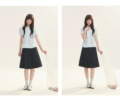 "Citrus Sea Salt" Stripe Lace Peter Pan Collar Pleated Shirt (White Blue / Blue White)