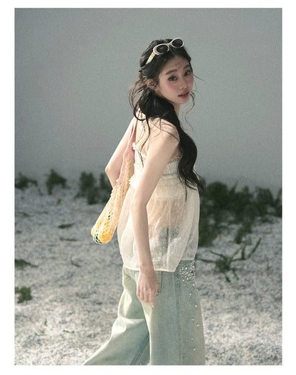 “Shattered Glasslight Veil” Cream Lace Halter Twinset Top