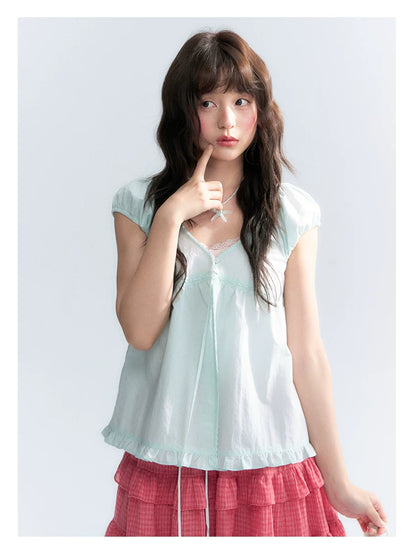 "Mint Morning Glow" Mint Green Lace Tie-Front Cardigan Blouse