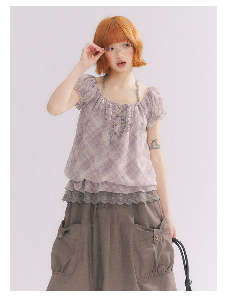 “Misty Plum Plaid” Gray-Purple Plaid Lace Trim Halter Top
