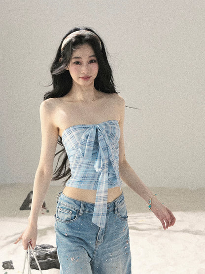 "Blue Danube Reverie" Mist Blue Bow Bandeau Crop Top & Cardigan Set 54638463