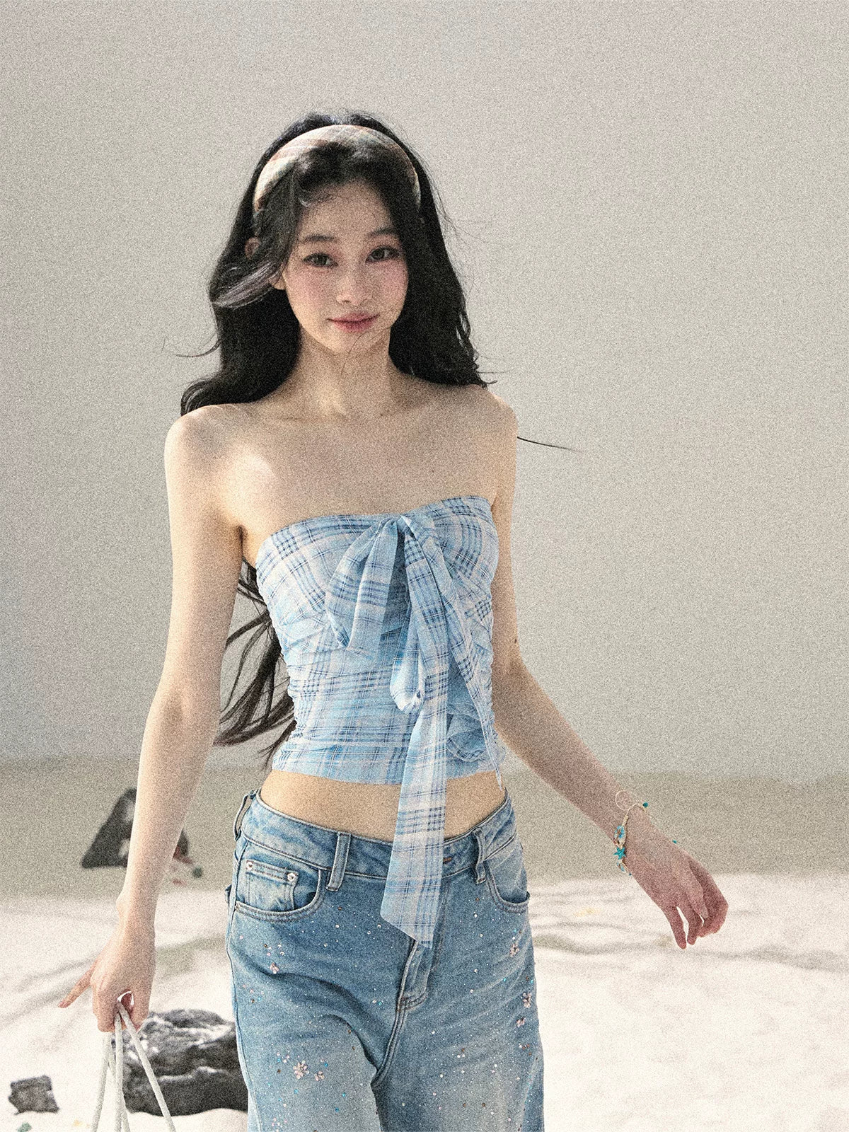"Blue Danube Reverie" Mist Blue Bow Bandeau Crop Top & Cardigan Set 54638463