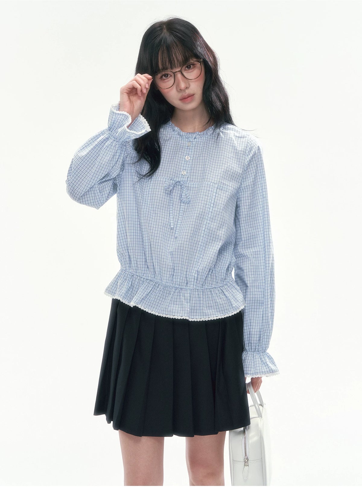 [CAN] Blue Plaid Lace-Trim Bow Tie Blouse