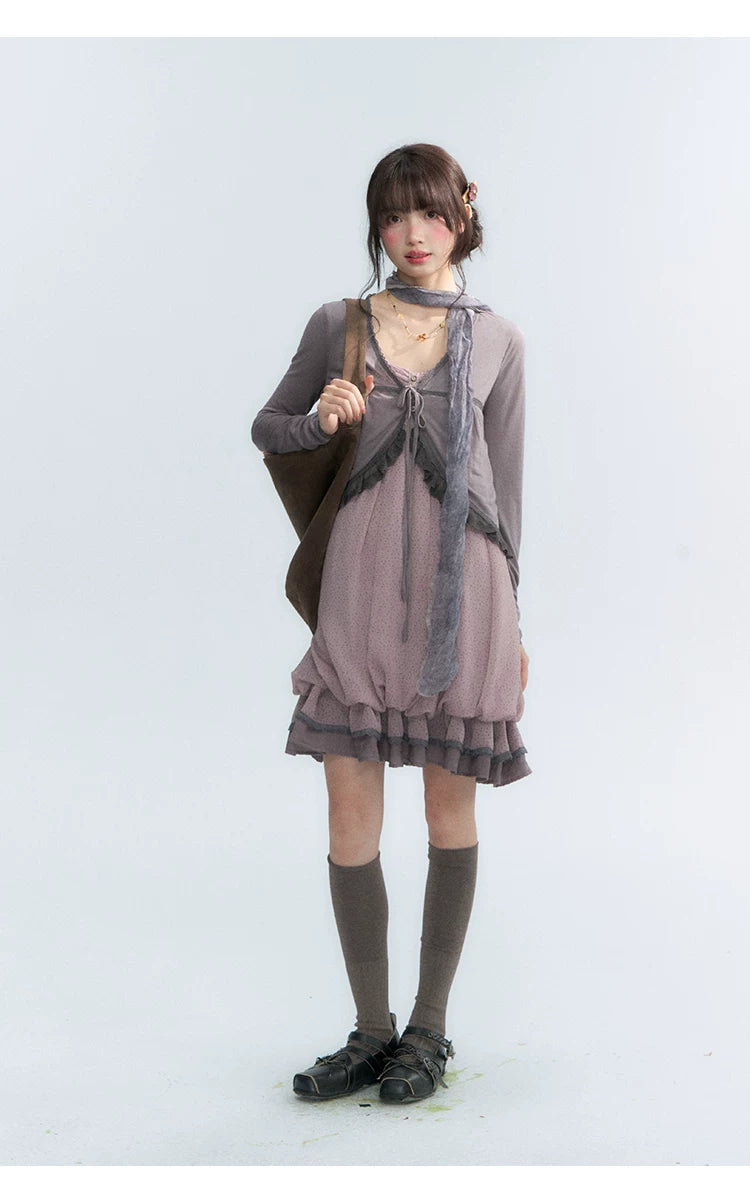 "Misty Lavender Reverie" Vintage Floral Lace Trim Midi Slip Dress