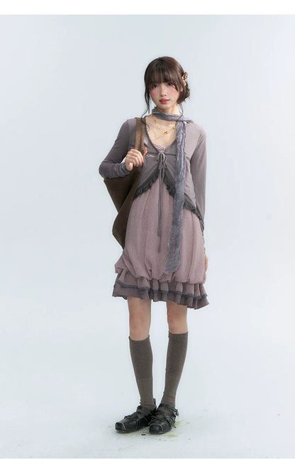 "Misty Lavender Reverie" Vintage Floral Lace Trim Midi Slip Dress