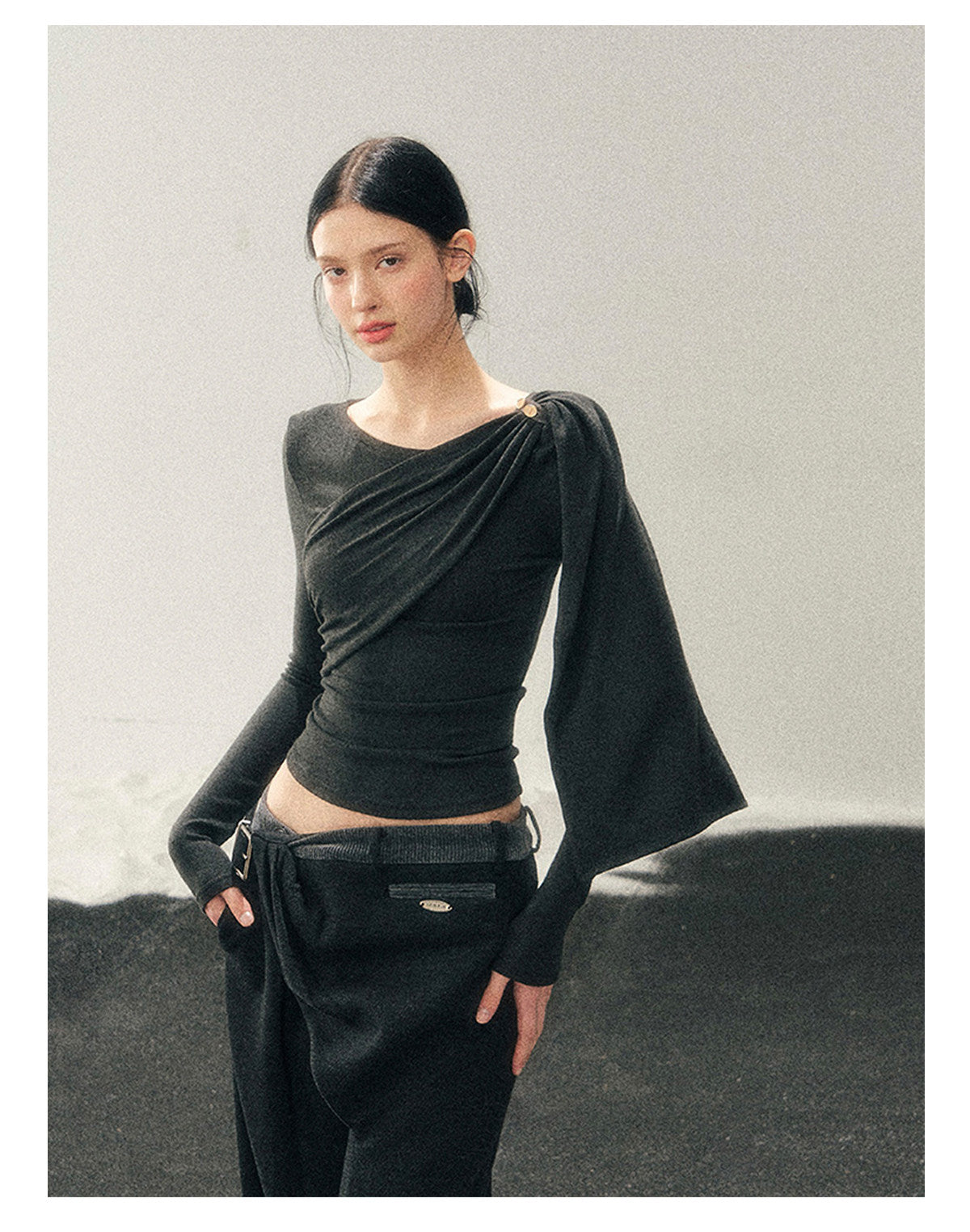 181225 “She Is Lighter Than the Wind” Streamer-Neck Top - Deep Rock Gray