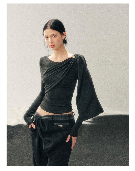 181225 “She Is Lighter Than the Wind” Streamer-Neck Top - Deep Rock Gray