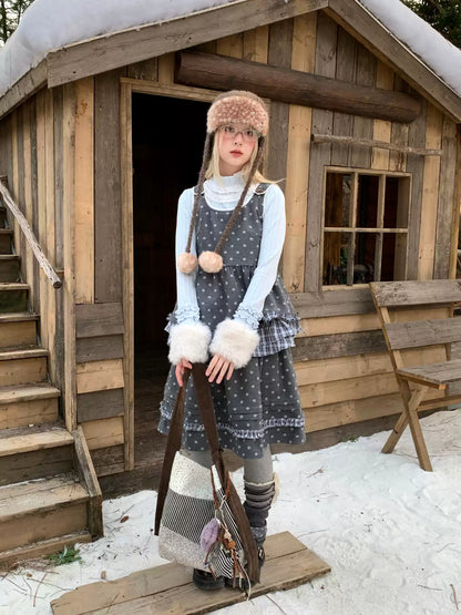 RF - Gray Floral Pinafore Top and Plaid Ruffle Skirt Set