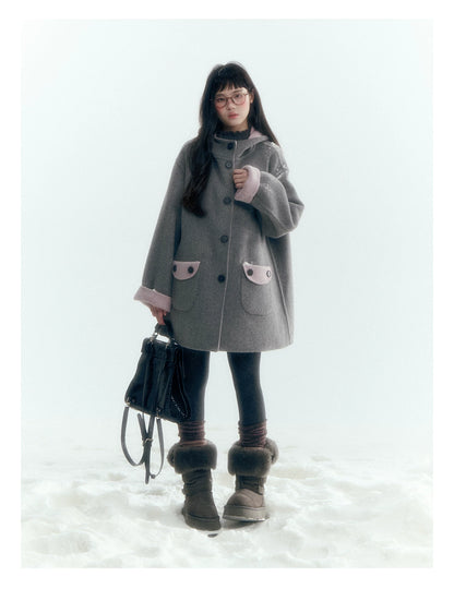 Horridale - Purple and Gray Reversible Hooded Wool Coat