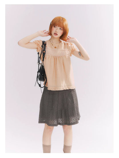 “Orange Soda” Seashell Orange Mesh Panel Puff Sleeve Top