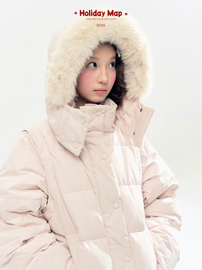 "Blush Cloud Haven" Misty Pink 2-Way Detachable Sleeve Down Jacket & Vest
