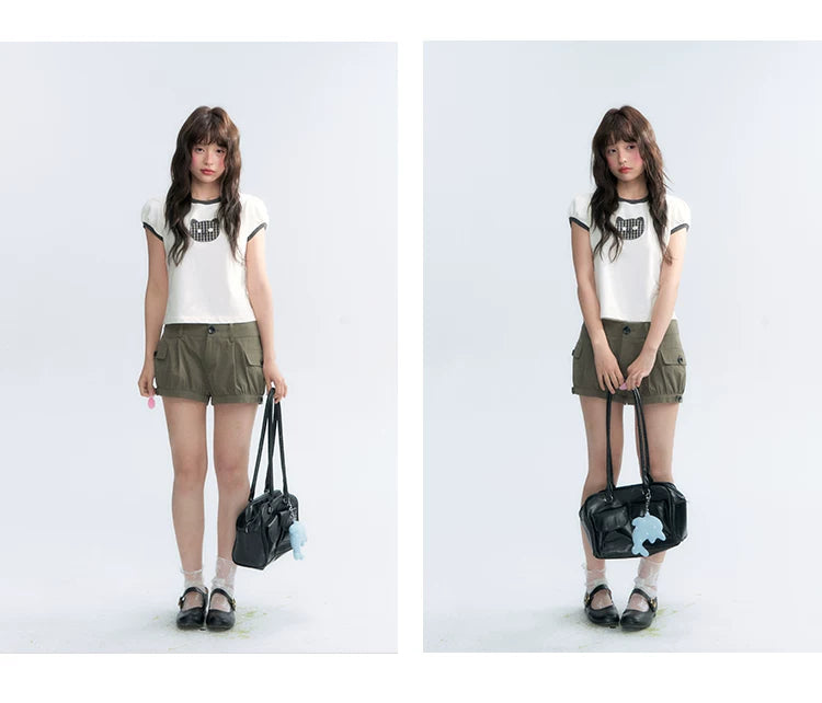 "Hide and Seek" Ivory Cat Patchwork Embroidered Puff Sleeve T-Shirt