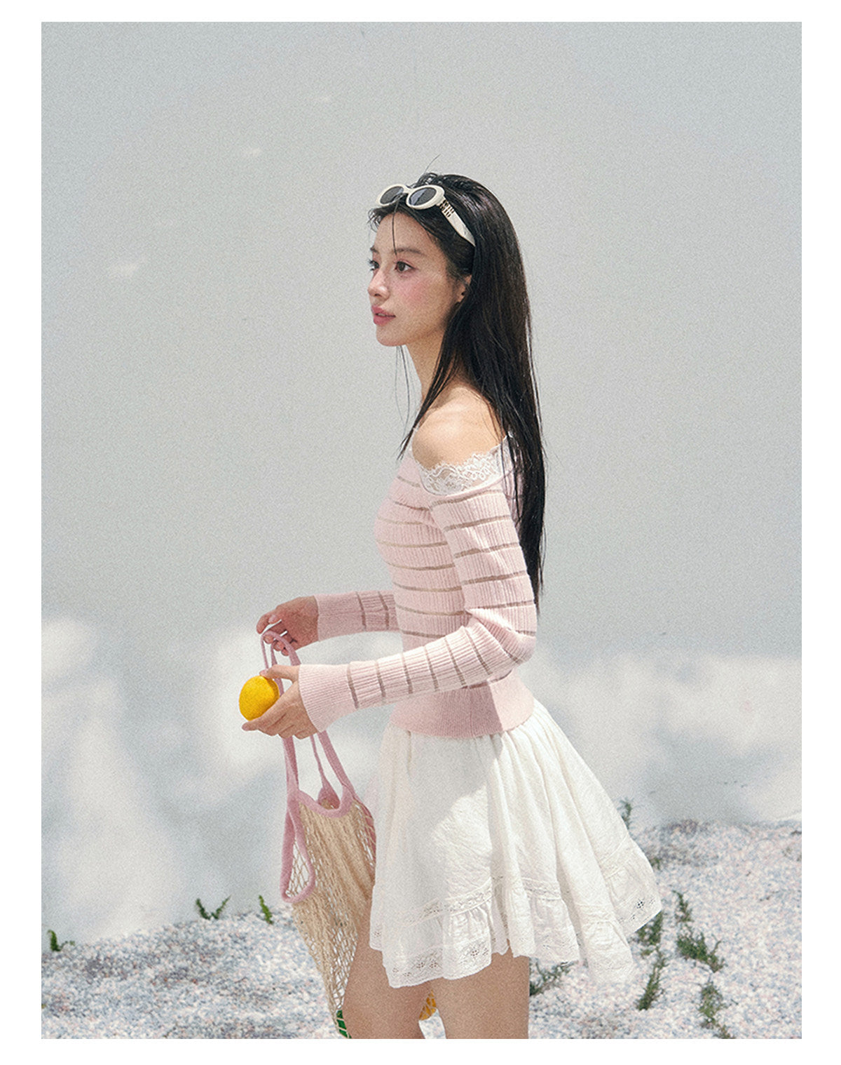 少也眼 “A Gentle Glance” One-Shoulder Lace Knit Long-Sleeve Top - Soft Pink 43552