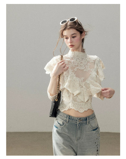 "Translucent Bloom" Dutch Cheese Lace Cropped Top