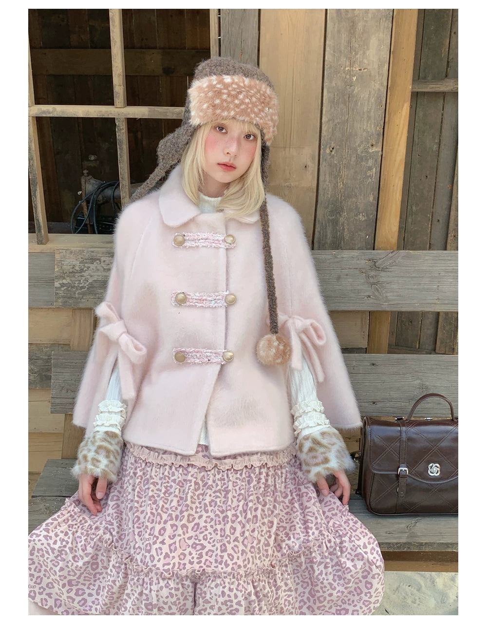 RF - Vintage Pink Fuzzy Cropped Cape Coat with Ribbon Buttons