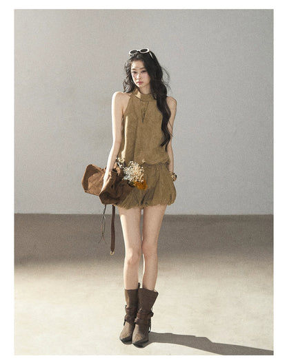 AOMALM - "The Veins of Leaves" Oatmeal French Faux Suede Top & Shorts Set
