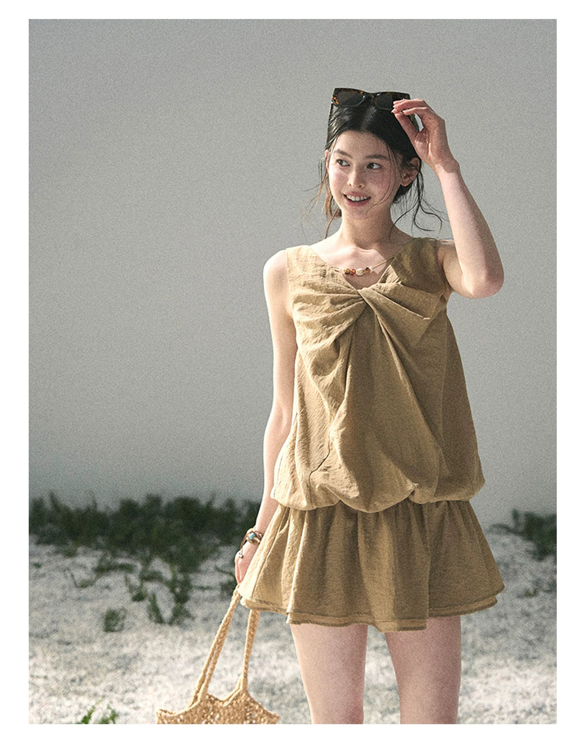 “Whispering Grass” Milk Tea Twist Mini Dress